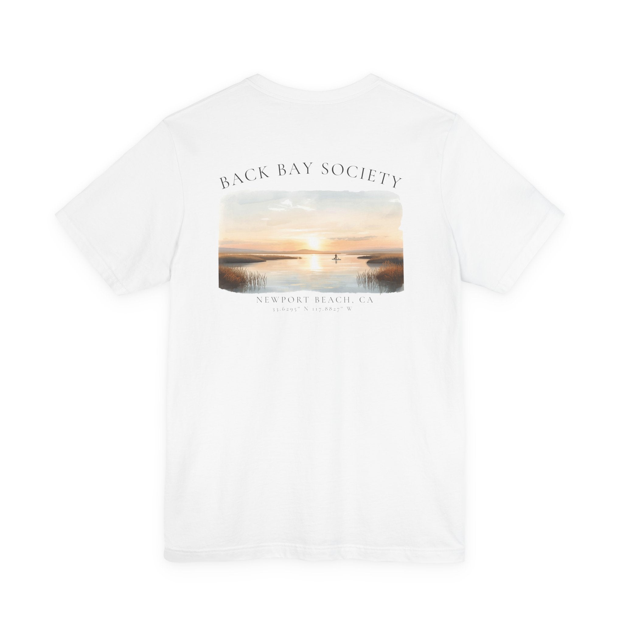 Back Bay Society Newport Sunset Tee — Small Front Logo & Scenic Back Graphic